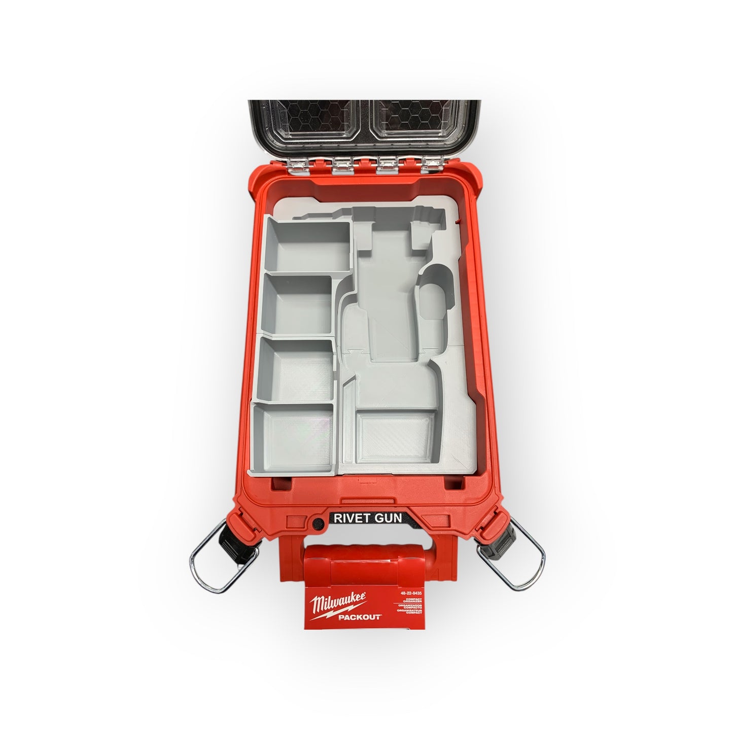 Red Milwaukee tool case with compartments for rivet gun 2550-20 on a white background