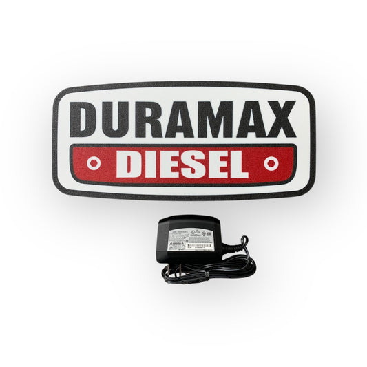 Duramax Diesel led indoor sign with a power adapter on a white background