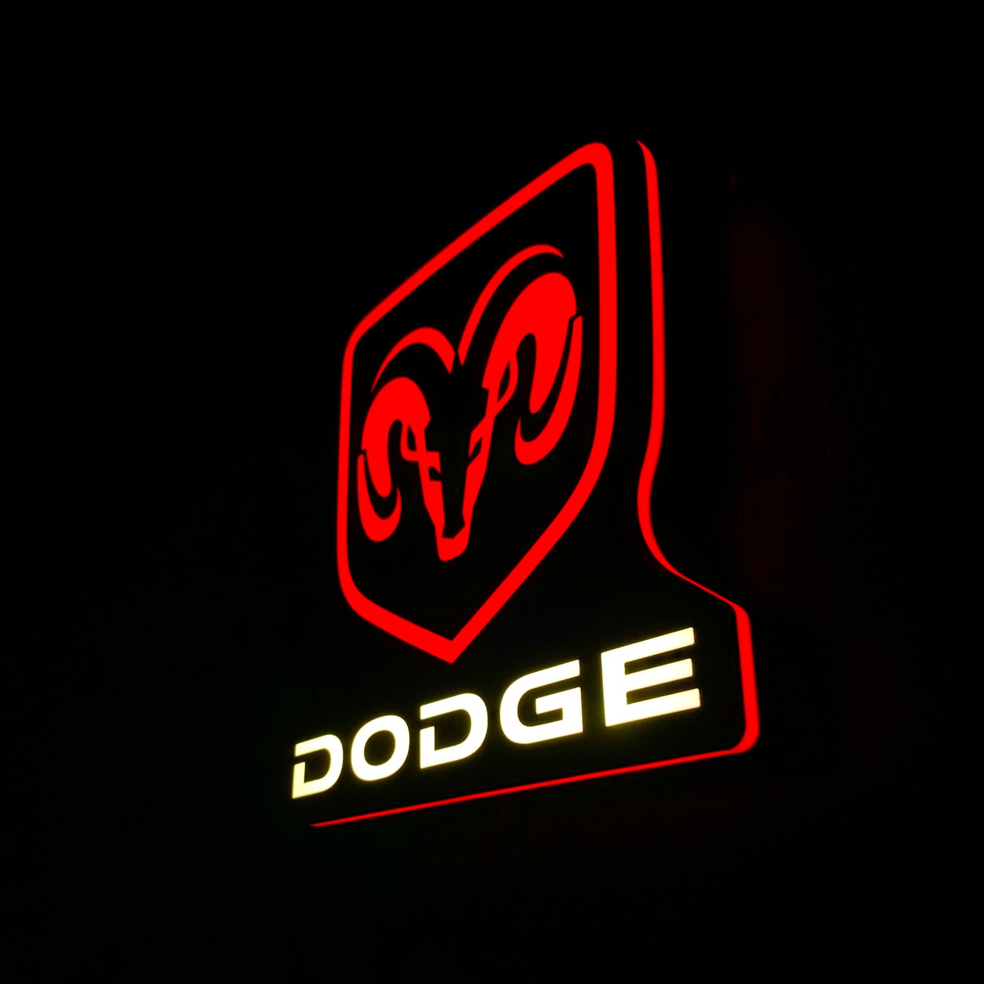 Dodge led indoor sign with red ram symbol and white text on a black background