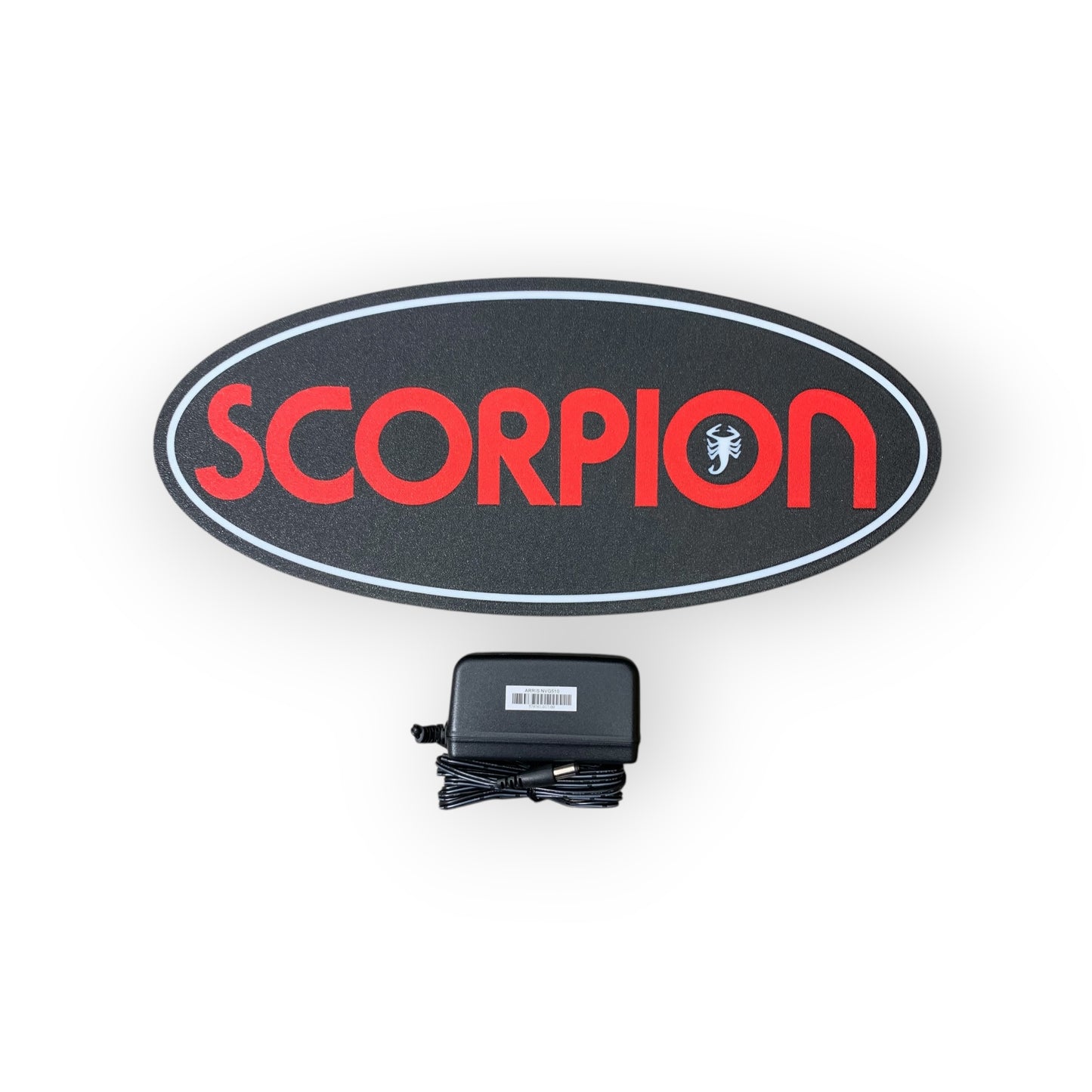 Scorpion led sign on a black oval background with a power adapter below.