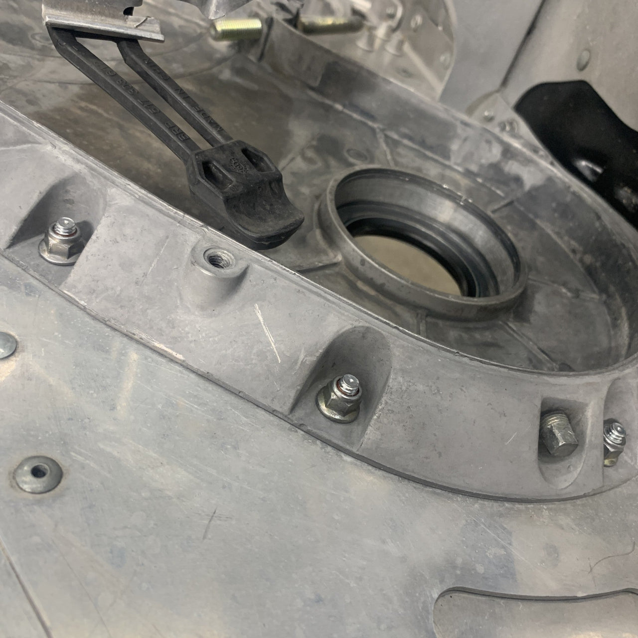 Ski-Doo XP Chain Case Mounting Plate 518325816 installed front side view